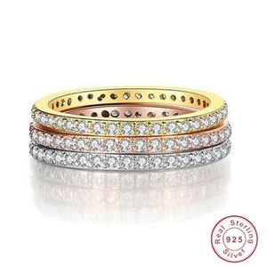 Simple Fashion Jewelry 925 Sterling Silver&Rose Gold Fill Pave White Sapphire CZ Diamond Eternity Women Wedding Engagement Band Ri2650