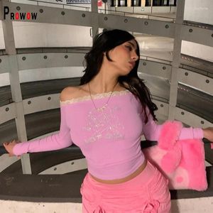 Women's T Shirts Y2k Style Women Design Pink Color Long Sleeve Crop Tops Clothes Shoulderless Summer Fall Female Party Streetwear