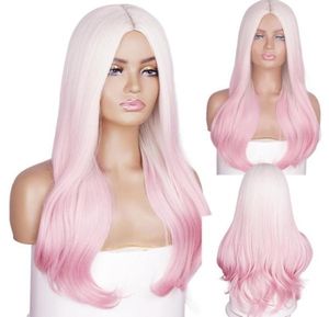 Parrucche sintetiche ondulate lunghe Ombre Parrucche rosa dorato per le donne Cosplay Parrucca naturale per capelli con parte centrale Fibra ad alta temperatura direc7666592