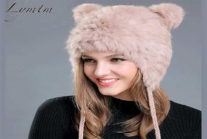 Lovely Bear Ear Skullies Beanies Genuine Rex Rabbit Fur Fabric Knitted Hats Winter Warm Soft Solid Caps Snow Women Hat 2112233492339