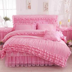 set Set di biancheria da letto in pizzo principessa rosa Queen King Gonna morbida per letto Volant Copripiumino in tinta unita Lenzuolo Federe 4 pezzi Set letto Casa