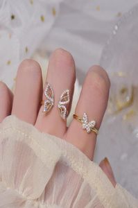 Mode 14K Real Gold Hollow Butterfly CZ Ring för kvinnor Justerbar öppen design Pave Zircon Butterfly Ring Wedding Jewelry Gift4927078