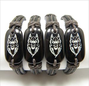Jewelry Whole 12pcs Imitatation Yak bone Resin Carved Totem Wolf Head Leather Bracelet bangles Amulet Gift MB031892536