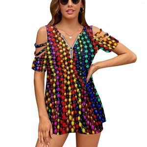 Women's T Shirts Mardi Gras : Colorful Beads Print T-Shirt Fashion Printed Zipper V-Neck Short Sleeve Casual Plus Size