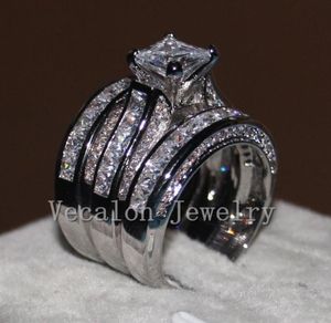 Vecalon Fine Jewelry Princess cut 20ct 5A Zircon cz Wedding Band Ring Set per donna 14KT Anello in oro bianco pieno5891904