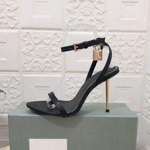 Designer Padlock Pointy Sandal Women High Heel 10.5 cm Naked Party Buckle Signature Padlock Dress Shoes With Box 506