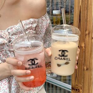 Glass straw cup with lid, drinking cup, household juice cup, milk tea cup 450ml