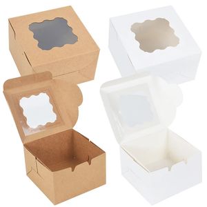5/10 Piece Kraft Paper Cake Box med transparent PVC -fönsterdessert Pizza Bread Square Box Wedding Party Favorit Cupcake Gift Packaging Box 231227
