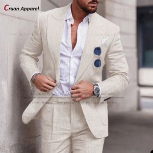 Resmi Erkekler Takım Setleri Düğün Groomsman Tailormade İnce Fit Keten Blazer Pantolon 2 Parça Akşam Yemeği Klasik Erkek Kıyafetler 231227