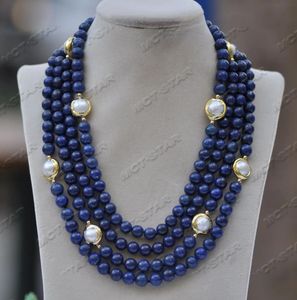 Necklaces Z11667 4Row 20" 14mm White Round Pearl Goldplating Blue Lapis Lazuli Necklace