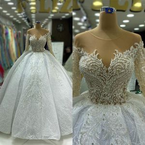 Real Photo 3D-Lace A-Line Wedding Dress With Crystal Appliques O-Neck Long sleeve Ball Gown Plus Size Brush Train Bridal Gowns Dress Customized D-H23813