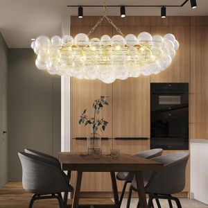 Nordic Dining Room Bubble Ball Swivel Glass Chandelier Table Top 51" Large Gold and Clear Blown Water Wave Glass Kitchen Island Light Fixture