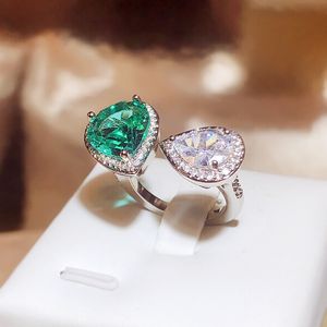 Bröllop diamant droppring kvinnor födelsedag dag gåva lyx kärlek hjärta grön vit diamant kinesiska finger ring smycken mosonite sten smycken grossist anillos