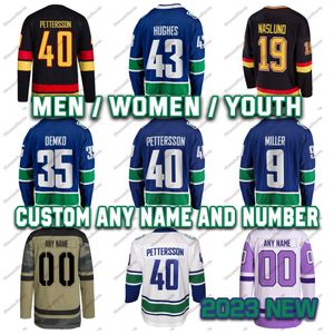 Maglia da hockey su ghiaccio personalizzata da uomo 40 Elias Pettersson Vancouver Stitched 43 Hughes 6 Boeser 29 DeSmith 9 Miller 10 Bure Maglie da hockey per giovani donne