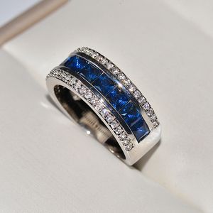 Luxury CZ Zircon Designer Chinese Rings for Women Korean Fashion Silver Shining Crystal Blue Square Diamond Stone anillos Love Finger Ring Jewelry