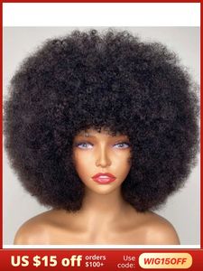 Fluffy Afro Kinky Curly Human Hair Wig With Thick Bangs Natural Short Bob Wigs For Black Women 180% Density Full Machine Hair 231227