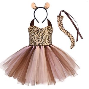 Girl Dresses Girls Girls Leopard Stampato Abito tutu Kids Cosplay Costume Outfits Halloween Birthday Party Up Eare Bancata Set di coda fascia