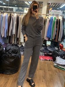 Women's Two Piece Pants Winter Cashmere Set 2023 45% 30% Wool Solid Color Stylish Crew-Neck Sweater And Knitted