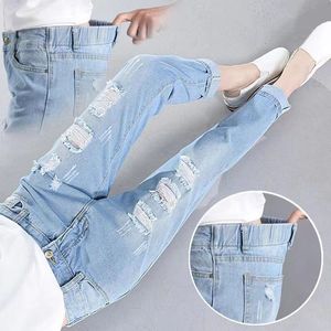 Plus Size Women Ripped Jeans Casual Spring Summer Elasticated Waist Ankle Light Blue Jeans Woman Boyfriend Denim Harem Pants LJ200808