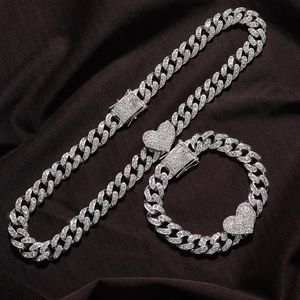 Ketten 2 stück Set Rapper Voll Schwere Herzförmige Kubanische Link Armband Iced Frauen Für Männer Necklcae Kette Prong Pave Luxus Hiphop Jewel252k