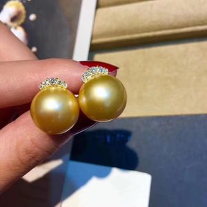 Stud Fine Jewelry Pure 18 K Yellow Gold Natural Golden Ocean 109mm Round Pearl Earrings for Women Fine Pearl Earrings
