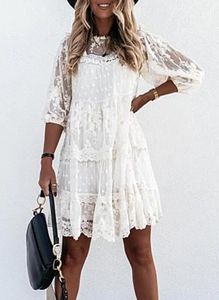 Dresses Wywmy Summer Women White Lace Dress Elegant Casual Woman Dresses Three Quarter Sleeve Loose Vintage Sexy Party Dress