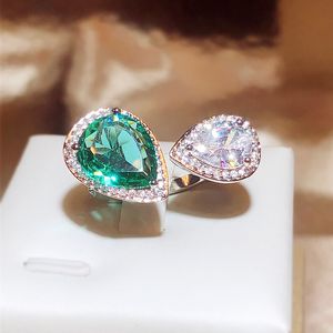 Hochzeit Diamant Tropfen Ringe Frauen Geburtstag Geschenk Luxus Liebe Herz Grün Diamant Chinesische Fingerring Schmuck Mosonit Stein Schmuck Großhandel anillos