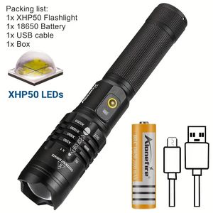 Zoom XHP50 20W LED Hög effekt ficklampa, USB Zoomable LED -fackla, USB -laddningsbar kraftfull ficklampa, för att campa utomhusjaktfiskeklättring