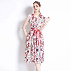 Waist Slimming Letter Printed Sleeveless Dress Summer Runway Shirt Dress Women's Single Breasted Bow Tie Lace Up A Line Midi Vestidos