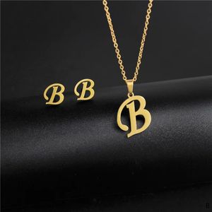 Womens Initials Letter Necklace Earrings Set Dubai Golden Color 14k Yellow Gold African Indian Wedding Jewelry Sets for Women
