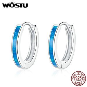 Huggie Wostu Real 925 Sterling Silver Simple Opal Hoop Earrings Blue Circle earrings for women original Silver 925 Jewelry CQE992