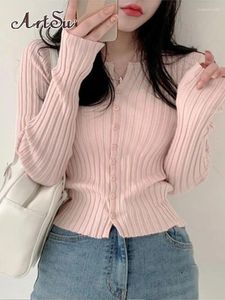 Malhas femininas malhas topo de colheita sólido cardigan kawaii rosa manga cheia magro t camisa moda coreana casual botão até topos asts86358