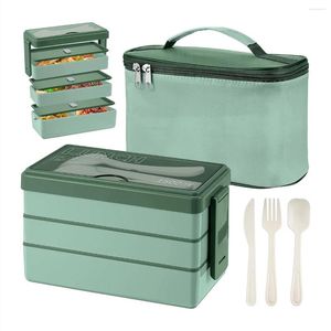 Conjuntos de louça 1500ml Bento Box com saco - conjunto de talheres de almoço de 3 camadas 4 em 1 recipiente de preparação de refeição saco isolado (verde)