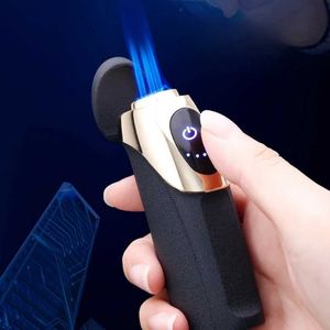 JOBON No Gas and Electric Lighter Metal Windproof Three Blue Flame Spray Gun Touch Sensor Ignition LED Power Display Cigar Lighter