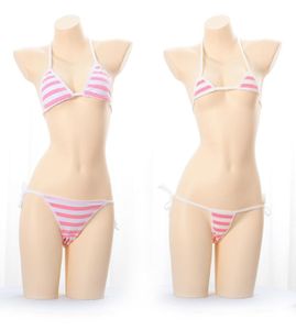 Japanese Sexy Lingerie Lolita Kawaii Blue Pink White Striped Mini Bikini Adult Cosplay Erotic Costumes Bra Women Underwear Set Y015730653