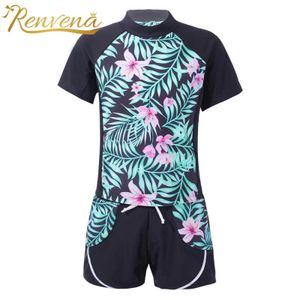 set Kids Swimwear Children Floral Swimsuits Short Sleeves Top + Boyshorts Two Pieces Print Swimming Suit for Girls Bathing Suit