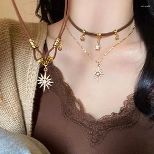 Pendanthalsband Fashion Sun Star Zircon Halsband för kvinnor Vintage Leather Choker Dubbelskiktade smycken justerbar kedja