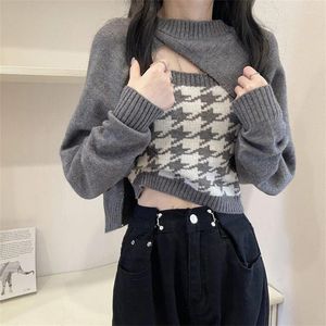 Blusas femininas moda o-pescoço emendado houndstooth roupas femininas 2023 outono inverno fino malha pullovers coreanos irregulares topos