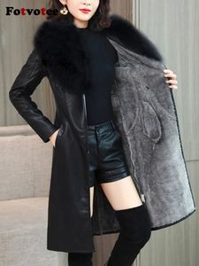 Fotvotee Faux Leather Jacket Women Coat Fur Collar Silm Outerwear Thicken Warm Vintage Streetwear Coats Fashion Elegant Clothes 231226