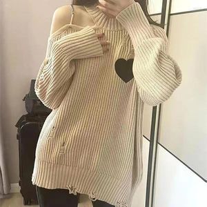 Blusas femininas moda emendado buraco fora do ombro oco para fora roupas femininas 2023 outono inverno oversized casual pullovers coreano topos