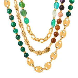 Hänge halsband grön agat pärlhalsband för kvinnor rostfritt stål guldpläterad kedja kvinnlig eleganta smycken etniska stil tillbehör