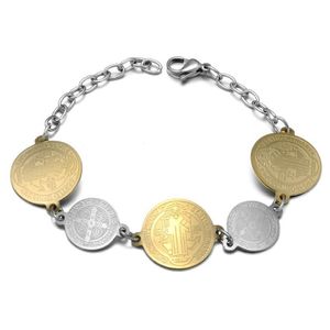 Pulsera religiosa de San Benito para mujer, pulseras de acero inoxidable, colgante de cruz benedictina dorada, joyería de moda, regalo de moneda 2020276L