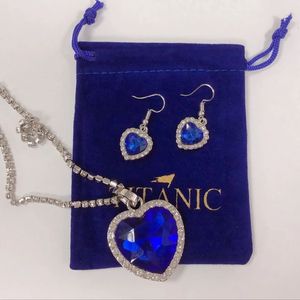 Titanic Heart of Ocean Blue Love Forever Pendant Necklace with Earrings Velvet Bag 231227