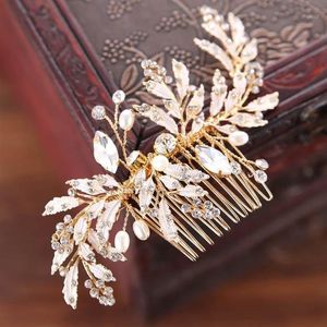 Lyxtillbehör för Noiva Vintage Gold Metal Leaf Crystal Hair Comb Bridal Wedding Pins Women Party Jewelry1253G