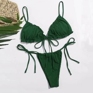 Women's Swimwear Green Bikini Women Low Waist Sexy Two Piece Swimsuit Solid Color Black Lace-up Push Up Brazilian Bikinis Bathsuit