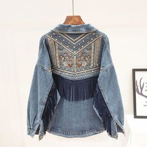Jaqueta jeans bordado floral camurça franja casaco solto chaizetas mujer manga longa para uso de roupas de rua vintage 231227