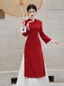 Casual Kleider Winter Weihnachten Rot Vintage Qipao Frauen Schlank Niedlichen Kunstpelz Warme Party Kleid Langarm Lamm Wolle Patchwork Chic retro