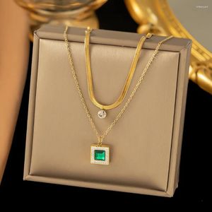 Pendant Necklaces 316L Stainless Steel Imitation Emerald Necklace For Women Double Chain Square Zircon Collares Vintage Charm Jewelry Gift