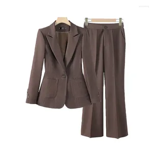 Women's Two Piece Pants Fashion Women Suits Brown Autumn Tempeament Business Formal Slim Blazer And Flare Sets Office Ladies Work Wear