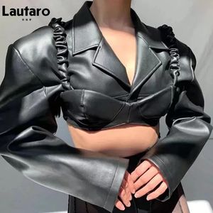 Lautaro Spring Autumn Short Black Light Faux Leather Jacket Women Long Sleeve Lapel Runway Stylish Sexy Fashion Cropped Top 231226